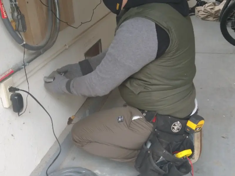 Electrician performing outlet wiring in a Granville garage